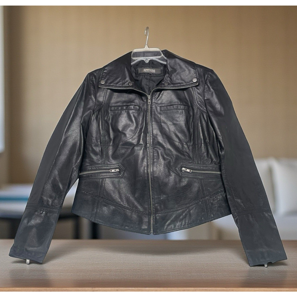 Kenneth Cole Reaction 100% Black Leather Moto Jacket Womens Sz L Iconic Timeless